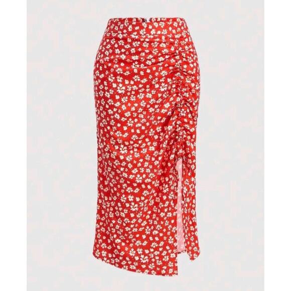 Midi Skirt Red Ditsy Floral Ruched Side Slit Stretch Straight Summer Beach XS - Picture 1 of 5